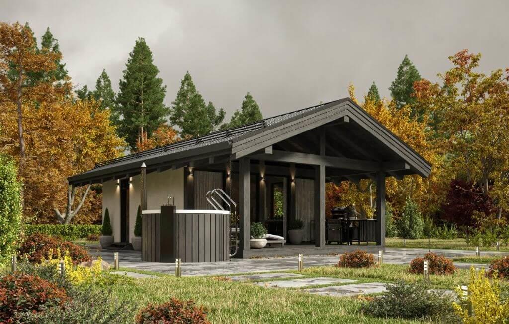 Spa House — autumn exterior with hot tub.