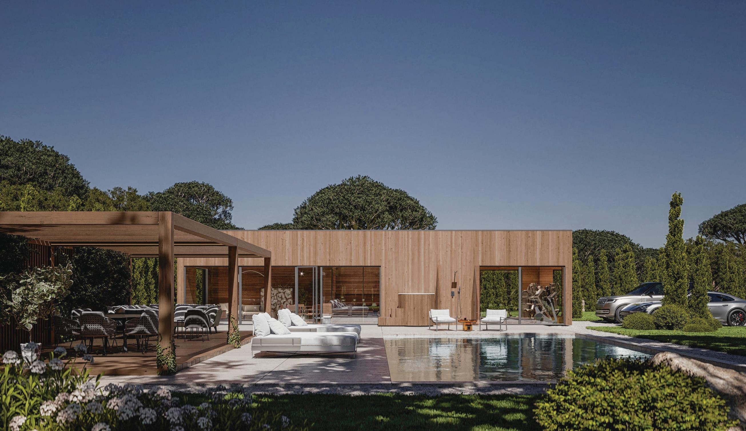 Pool pavilion with full-height glazing and quiet timber walls.