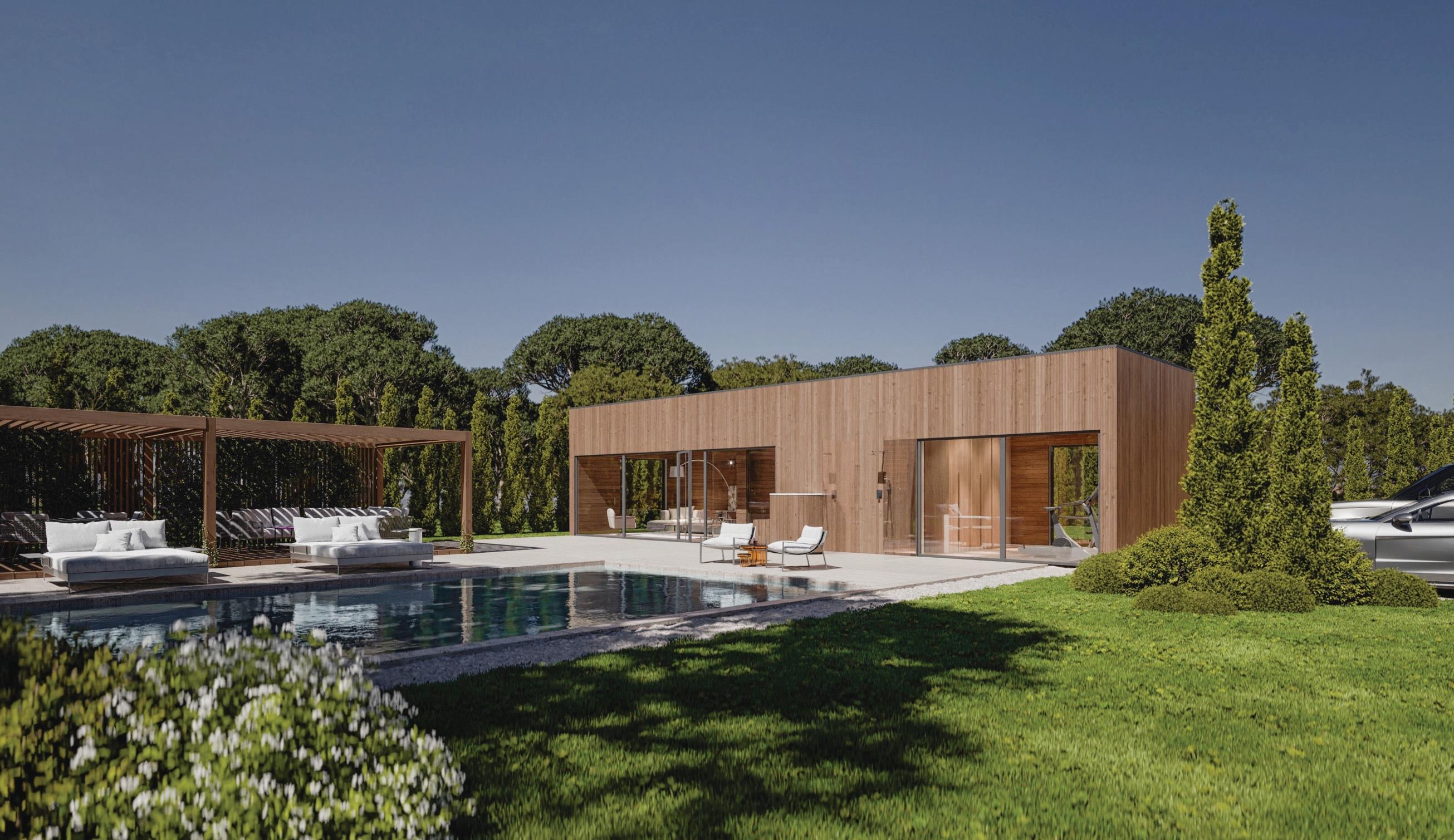 Wide low-slung timber pavilion at the edge of a clipped garden.