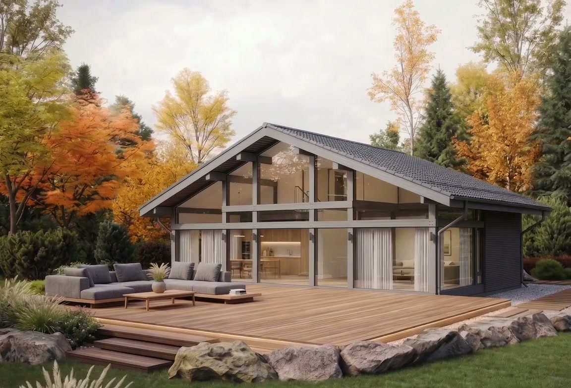 A NordTex contemporary timber house beside a reflecting pool, framed by Mediterranean pines.