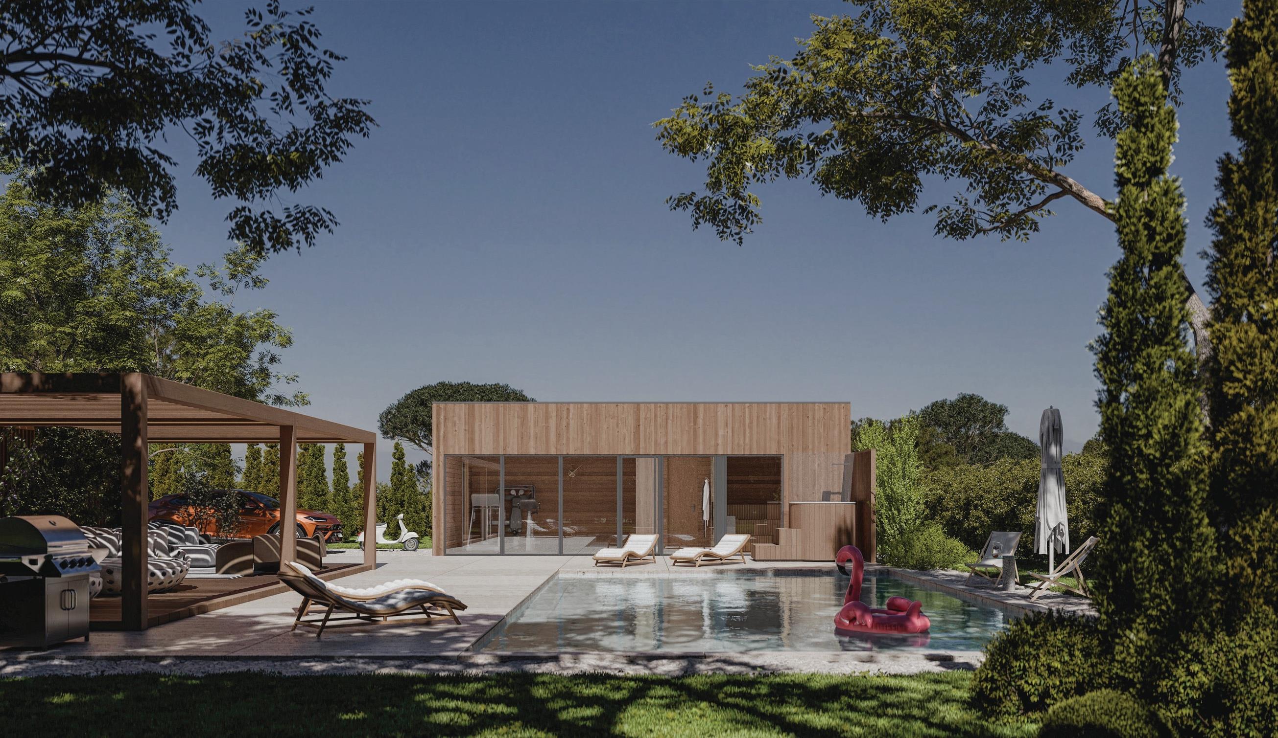 Contemporary house facing a swimming pool with pergola lounge.