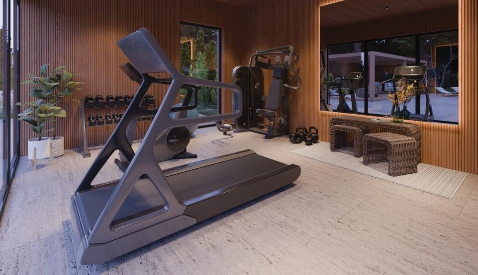 Midi Marbella gym with treadmill, weight rack, and wood-paneled room.