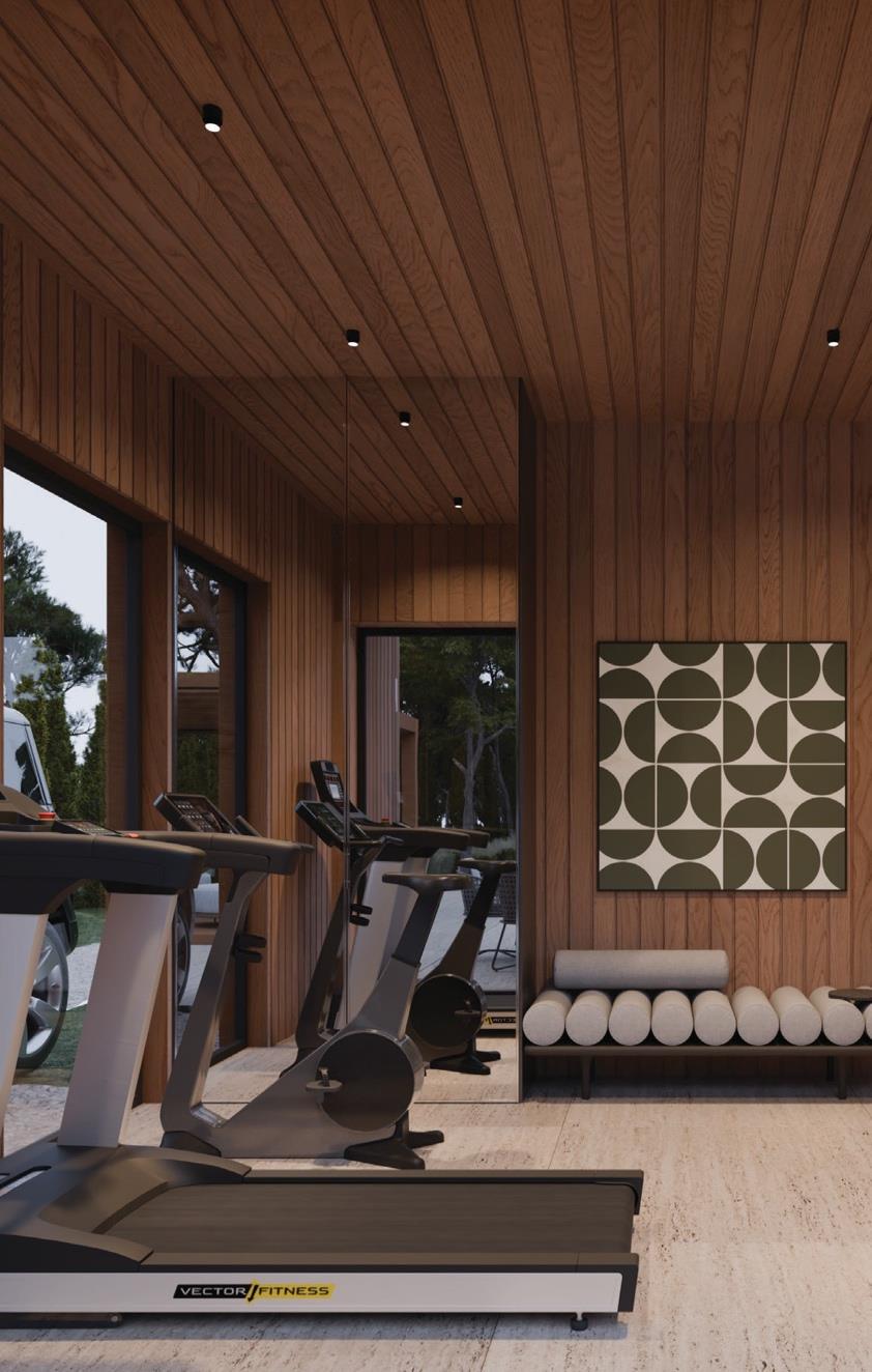 Mini Marbella gym interior with wooden walls and large window.