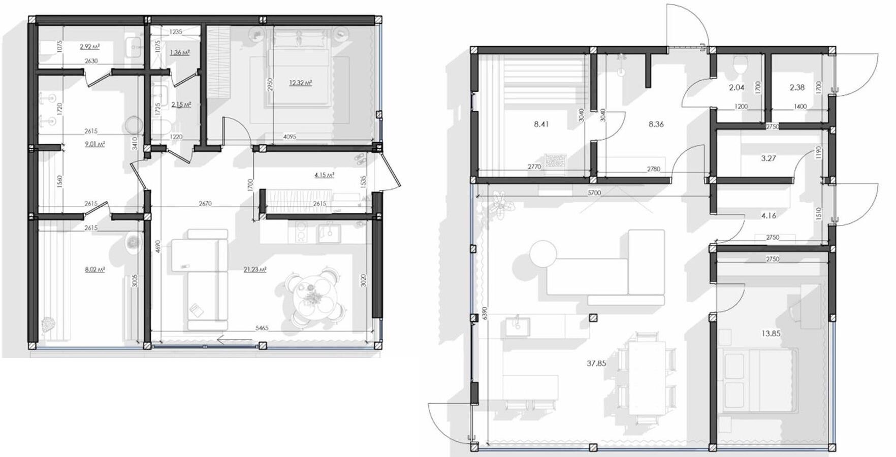 Spa House floor plan — two layout variants
