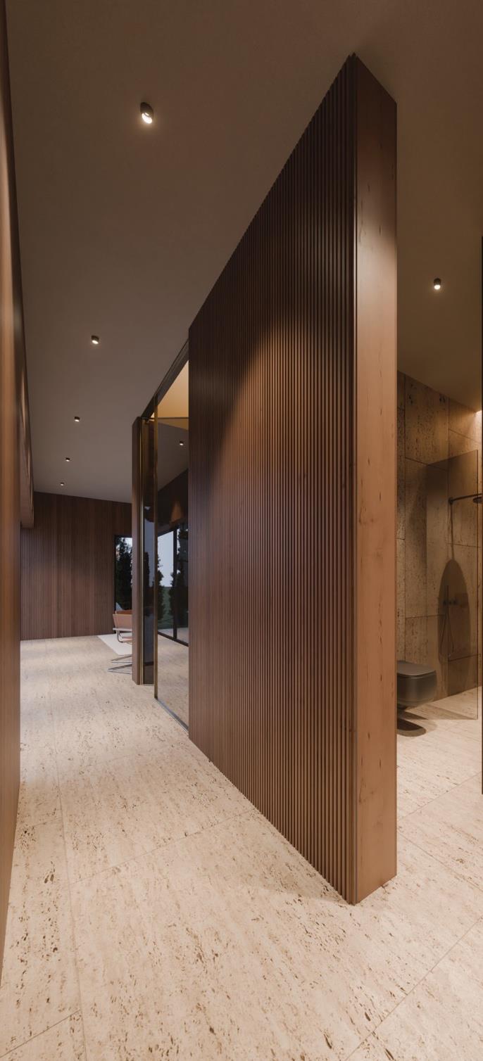 Sauna with glass doors opening onto the pool area.