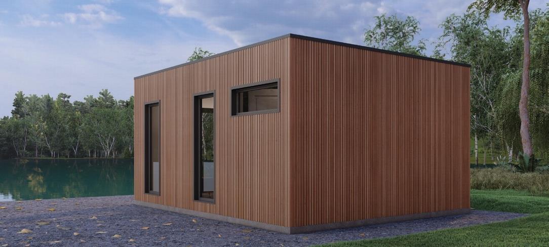 Kika Mini interior — open living with lakeside view.