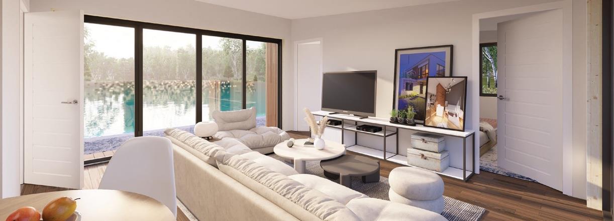 Estepona interior — living area opening to the pool.