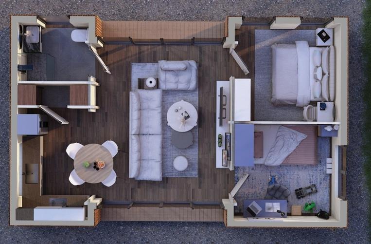 Top-down view — two-bedroom layout with central living core.