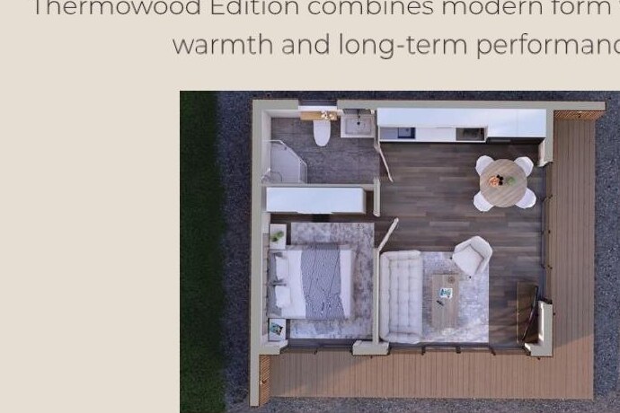 Top-down view — bedroom, bath, kitchen and lounge layout.