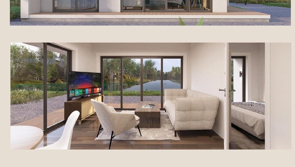 White Edition interior — living area opening to the landscape.