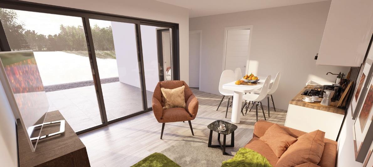 White Edition interior — open kitchen and living area.