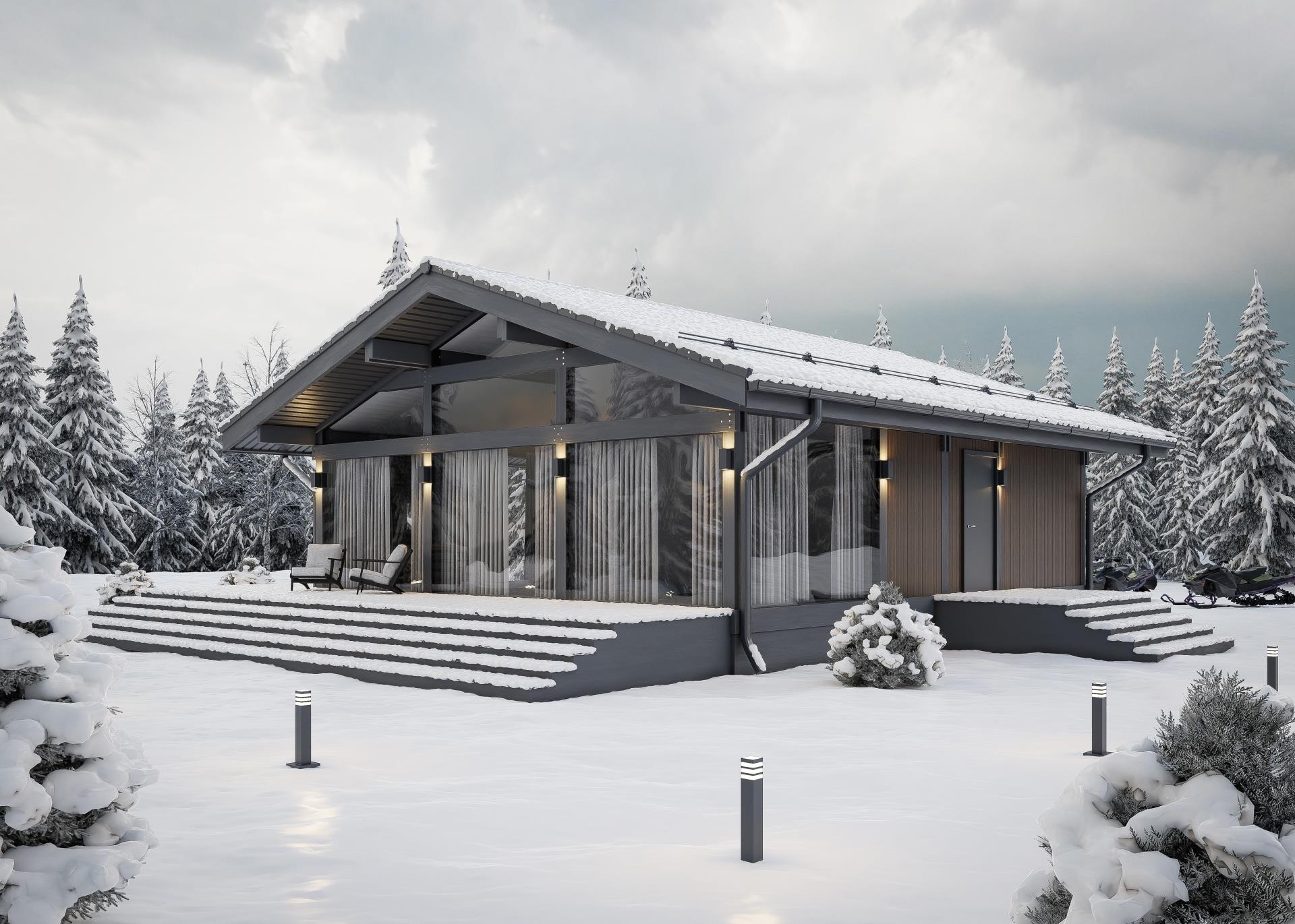 Spa House — winter exterior, side elevation.