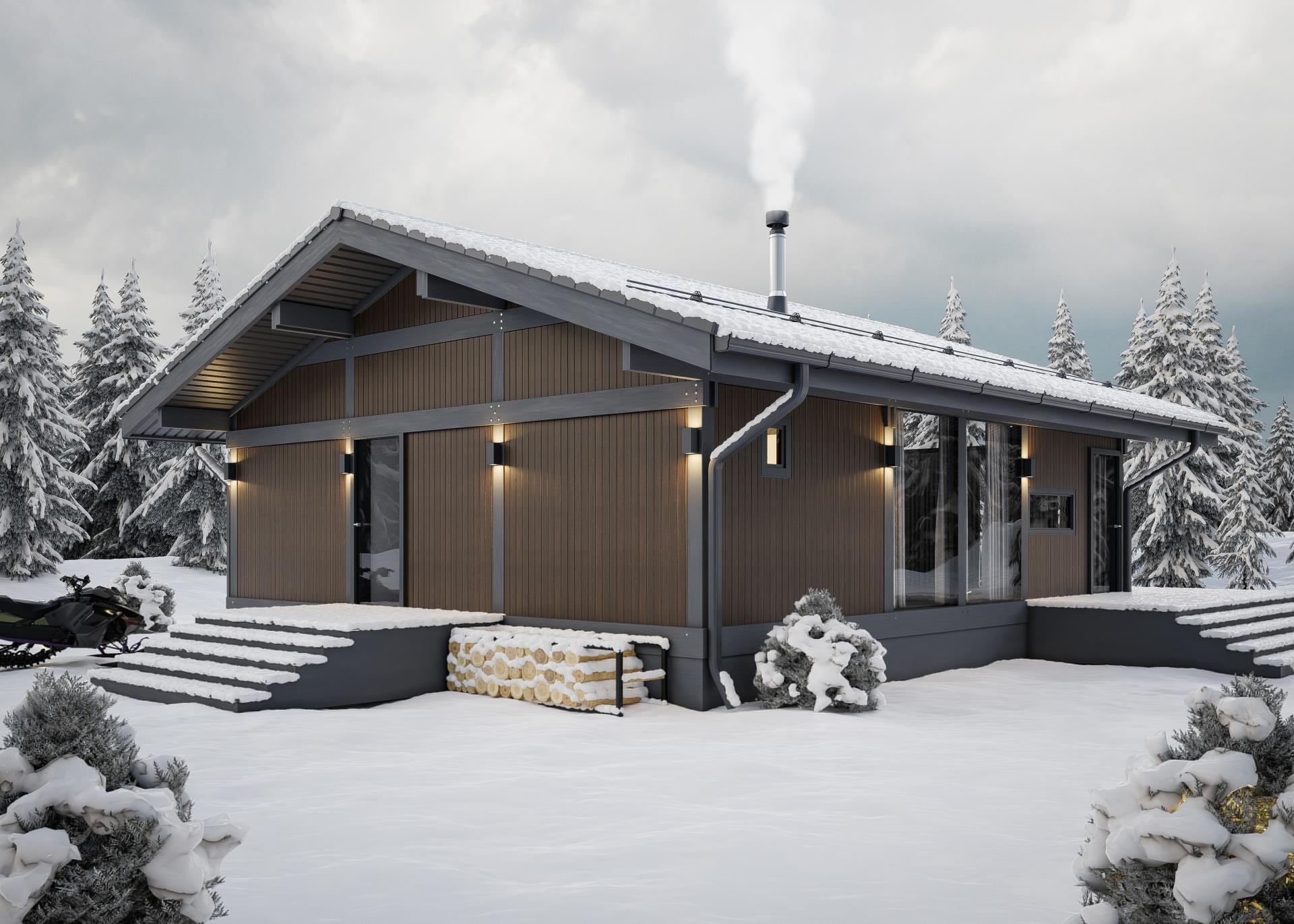 Spa House — winter exterior, alternate angle.