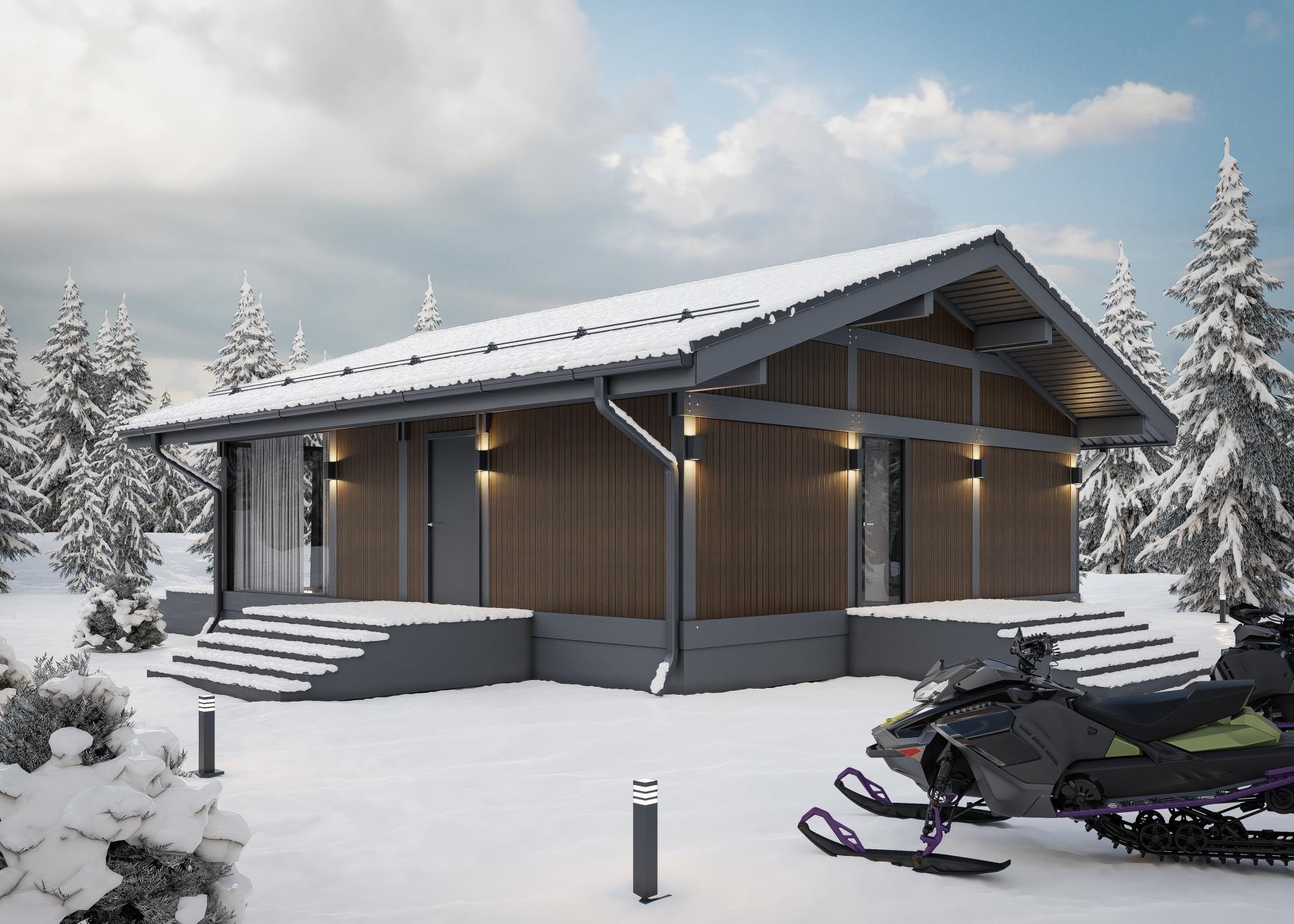 Spa House — winter exterior, with snowmobile.